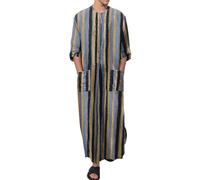 Mens Clothing Kaftan Maxi-Muslim Male Shirt Plus Size Striped Formal Tunic Maxi with Pockets Nigerian Big and Tall Button Up Henley