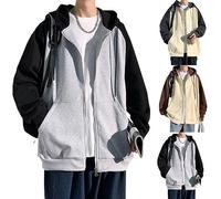 Men's Coat Hood, Zip Hoodie Men's Baggy Autumn Jacket Colour Block Sweatshirt Long Sleeve Sports Top Full Zip Wind Jacket Loose Transition Jackets with Pockets Sweat Jacket Cuddly Open Front Coat