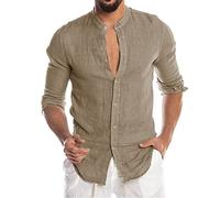 Mens Collarless Shirts Long Sleeve, Mens Linen Shirts Long Sleeve With Crew Collar Shirt Casual Plain Smart Shirt Blouse Slim Fit Shirt Top Country Shirt Long Sleeve Shirts Summer Shirt