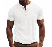 Mens Collarless Shirts Plain Short Sleeve Crewneck Grandad T Shirts 3 Buttons Plus Size Henley Shirts Breathable Casual Tops Cotton Linen Summer T-Shirt White