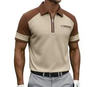 Men's Colour Block Waffle Polo Shirt Zip Neck Short Sleeve Casual Top Textured Two-Tone Golf Shirt Fashion Zip Pocket Summer Polo Khaki XL