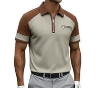 Men's Colour Block Waffle Polo Shirt Zip Neck Short Sleeve Casual Top Textured Two-Tone Golf Shirt Fashion Zip Pocket Summer Polo Grey S