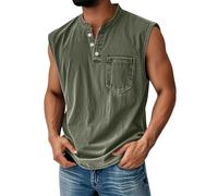Mens Compression Vest, Designer Work Holiday Gym Loose Summer Beach Henry Collar Cool Cooling Sports Rugby Active Sleeveless Holiday Vests, Running Mens Tank Tops, XL Army Green