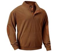 Mens Corduroy Shirt Jacket - Corduroy Jumper For Men - Henry Collar Sweatshirts Button Up V Neck Pullover Sweater Long Sleeve Winter Tops With Elbow Patches Thermal Work Jumpers Casual Wear Coffee