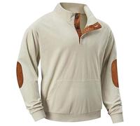 Mens Corduroy Shirt Jacket - Corduroy Jumper For Men - Henry Collar Sweatshirts Button Up V Neck Pullover Sweater Long Sleeve Winter Tops With Elbow Patches Thermal Work Jumpers Casual Wear Beige