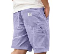 Men's Corduroy Shorts Casual Elastic Waist Drawstring Multi Pocket Embroidered Logo Retro Half Pants Lightweight Summer Beach Jogging Shorts Purple