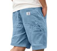 Men's Corduroy Shorts Casual Elastic Waist Drawstring Multi Pocket Embroidered Logo Retro Half Pants Lightweight Summer Beach Jogging Shorts Blue