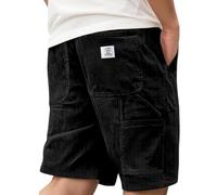 Men's Corduroy Shorts Casual Elastic Waist Drawstring Multi Pocket Embroidered Logo Retro Half Pants Lightweight Summer Beach Jogging Shorts Black