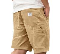 Men's Corduroy Shorts Casual Elastic Waist Drawstring Multi Pocket Embroidered Logo Retro Half Pants Lightweight Summer Beach Jogging Shorts Khaki