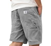 Men's Corduroy Shorts Casual Elastic Waist Drawstring Multi Pocket Embroidered Logo Retro Half Pants Lightweight Summer Beach Jogging Shorts Grey