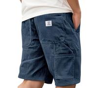 Men's Corduroy Shorts Casual Elastic Waist Drawstring Multi Pocket Embroidered Logo Retro Half Pants Lightweight Summer Beach Jogging Shorts Navy