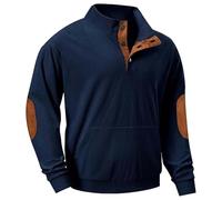 Men's Corduroy Sweatshirt Casual Long Sleeve Sweatshirt Stand Collar Button Pullover Sweatshirts with Pockets Soft Workwear Sweatshirt with Elbow Patch Comfortable Warm Jumpers Sweater Top Dark Blue