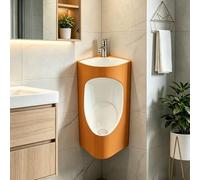 Men's Corner Urinal with Top Sink for Bath & Commercial Use, Wall-Mounted Flush-Type Ceramic Urinals - Back Spud, Spill Proof Wall Hung Toilets, Concealed Drain Pipe(Orange)