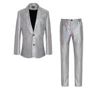 Men's Costume Sequins Full Metallic 2 Pieces Jacket Trousers Straight Fit Blazer Evening Cabaret Costume Dance Show Jacket Theatre Performance Retro Costumes Shiny Stage, Silver, XXL