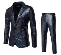 Men's Costume Sequins Full Metallic 2 Pieces Jacket Trousers Straight Fit Blazer Evening Cabaret Costume Dance Show Jacket Theatre Performance Retro Costumes Shiny Stage, Black, XXL