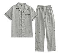 Men's Cotton Button up Pajamas Set Button Down Short Sleeve and Long Pants Pjs 2 Pieces Soft Bamboo Sleepwear for Men (Grey,L)
