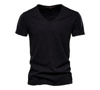 Mens Cotton Casual T-Shirts Lightweight Short Sleeve Shirt with V Neck Stretch Regular Fit Solid Color Tee Top Casual Summer Breathable Comfort T Shirt Classic Fit Tee Top for Everyday Wear Black