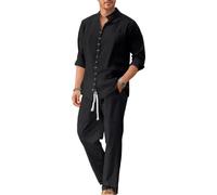 Men's Cotton Casual Two Piece Set Solid Color Stand Collar Long Sleeve Shirt & Trousers 2 Pcs Set S Black