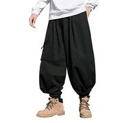 Men's Cotton Hemp Harem Hippie Trousers UK for Summer Beach Casual Baggy Boho Yoga Pajama Ethnic Wide Leg Trousers Elastic Waist Drawcord Aladdin Pants Trousers, black, M