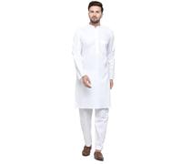 Mens Cotton Kurta Pajama White Traditional India Clothing (M)