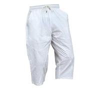 Mens Cotton Linen 3/4 Length Shorts Baggy Cropped Trousers Drawstring Elastic Waist Capri Pants Yoga Beach Long Shorts with Pockets Harem Summer Walk Short White