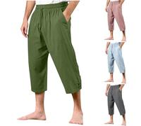 Mens Cotton Linen 3/4 Shorts UK Sale Capri Cropped Trousers Drawstring Elastic Waist Jogger Below Knee Shorts Yoga Beach Pants Solid Color Long Short Three Quarter Holiday Pant with Pockets