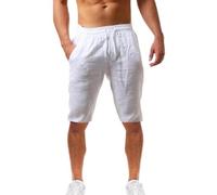 Men's Cotton Linen Bermuda Shorts Casual Trousers Summer Lightweight Breathable Sports Shorts Comfortable Stretch Loose Outdoor Casual Shorts with Pocket and Drawstring, S-3XL, White, XX-Large