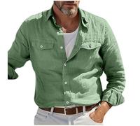 Mens Cotton Linen Cargo Shirts Long Sleeve Fashion Quick Dry Hiking Safari Hemp Shirt Regular Fit Breathable Button Down Holiday Beach Shirts with Two Pockets Green