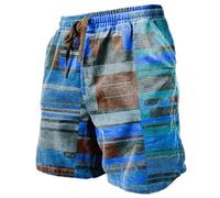 Mens Cotton Linen Casual Shorts Hippie Patchwork Beach Yoga Half Pants Elasticated Waist Drawstring Vacation Short Trousers Pull On Walking Shorts Streetwear Blue