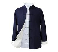 Men's Cotton Linen Chinese Traditional Tang Shirts Long Sleeved Martial Arts Tai Chi Clothes Apply To Wing Chun Kung Fu Taekwondo Training(Color:Blue + rice double-sided,Size:XXL)