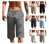 Men's Cotton Linen Cropped Trousers UK Sale Clearance Mens Drawstring High Waist Capris Pants with Pockets 3/4 Three Quarter Elasticated Waist Sweatpants Stretch Summer Bottoms Lightweight Activewear