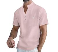 Men's Cotton Linen Grandad Shirts Short Sleeve Shirt Pullover Tops Mens Summer Holiday T-Shirt Guayabera Linen Blouse Work Casual Tee Fit Business Linen Retro Style Work Casual Tshirts Pink
