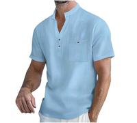 Men's Cotton Linen Grandad Shirts Short Sleeve Shirt Pullover Tops Mens Summer Holiday T-Shirt Guayabera Linen Blouse Work Casual Tee Fit Business Linen Retro Style Work Casual Tshirts Light Blue