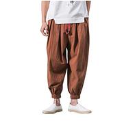 Mens Cotton Linen Harem Pants Hippie Baggy Cuffed Joggers Bottoms Pirate Costume Drawstring Elasticated Waist Trousers Wide Leg Ankle Length Pants Coffee