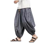 Mens Cotton Linen Harem Pants, Hippy Pants Men Baggy Printed Harem Pants Summer Beach Baggy Pants with Pockets Lounge Pants for Men Plus Size Casual Lightweight Wide Leg Pants Punch Pants Grey