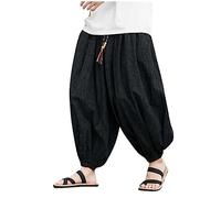 Mens Cotton Linen Harem Pants, Hippy Pants Men Baggy Printed Harem Pants Summer Beach Baggy Pants with Pockets Lounge Pants for Men Plus Size Casual Lightweight Wide Leg Pants Punch Pants Black