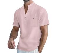 Men's Cotton Linen Henley Shirts Summer Beach Hippie V Neck Button Band Collar T-Shirt Lightweight Short Sleeve Casual Stylish Golf Polo Tees Tops Big and Tall