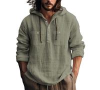 Men's Cotton-Linen Hoodie - Long Sleeve, Lightweight Breathable Fabric, Hooded with Button Down Closure, Casual Top Suitable for Spring & Fall Layers Green