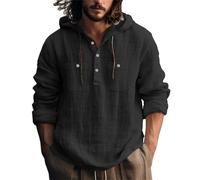 Men's Cotton-Linen Hoodie - Long Sleeve, Lightweight Breathable Fabric, Hooded with Button Down Closure, Casual Top Suitable for Spring & Fall Layers Black