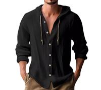 Mens Cotton Linen Hoodies Long Sleeve Button Down Shirts Casual Hawaiian Beach Yoga Sweatshirts Loose Fit Breathable Boho Hippie T-Shirts (Oversized T Shirt Men Black,3XL)