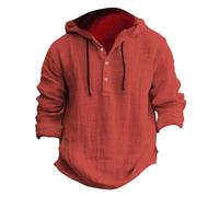 Men's Cotton-Linen Long Sleeve Hoodie - Breathable Lightweight Fabric, Hooded Design with Button Down, Casual Tops for Spring & Fall(X3-Red, XXL)