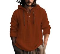 Men's Cotton-Linen Long Sleeve Hoodie - Breathable Lightweight Fabric, Hooded Design with Button Down, Casual Tops for Spring & Fall(X4-Brown, L)