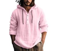 Men's Cotton-Linen Long Sleeve Hoodie - Breathable Lightweight Fabric, Hooded Design with Button Down, Casual Tops for Spring & Fall(X4-Pink, L)