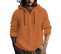 Men's Cotton-Linen Long Sleeve Hoodie - Breathable Lightweight Fabric, Hooded Design with Button Down, Casual Tops for Spring & Fall(X4-Orange, M)