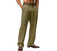 Mens Cotton Linen Pants Classic Fit Pleat Front Straight Leg Fit Trousers Summer Yoga Beach Long Pants Lightweight Breathable Casual Work Slacks Green