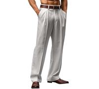 Mens Cotton Linen Pants Classic Fit Pleat Front Straight Leg Fit Trousers Summer Yoga Beach Long Pants Lightweight Breathable Casual Work Slacks Grey