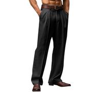 Mens Cotton Linen Pants Classic Fit Pleat Front Straight Leg Fit Trousers Summer Yoga Beach Long Pants Lightweight Breathable Casual Work Slacks Black