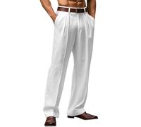 Mens Cotton Linen Pants Classic Fit Pleat Front Straight Leg Fit Trousers Summer Yoga Beach Long Pants Lightweight Breathable Casual Work Slacks White