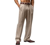 Mens Cotton Linen Pants Classic Fit Pleat Front Straight Leg Fit Trousers Summer Yoga Beach Long Pants Lightweight Breathable Casual Work Slacks Khaki