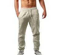 Men's Cotton Linen Pants Loose Fit Jogging Bottoms Drawstring Elastic Waist Trousers Summer Beach Mens Yoga Trousers Workout Athletic Pants Beige